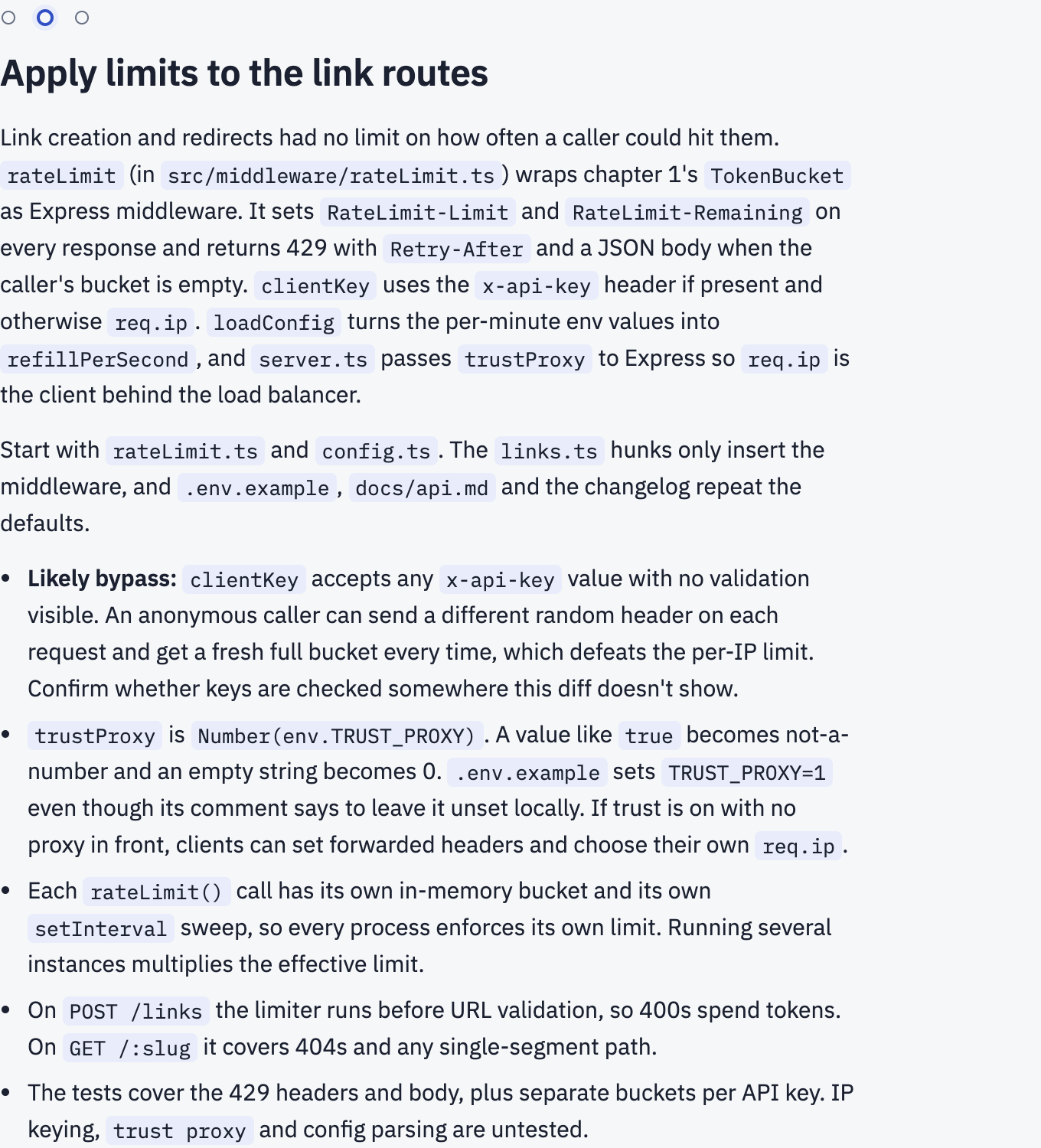 Chapter 2's explanation, ending in a list of checks that starts with a likely bypass: clientKey accepts any x-api-key value.